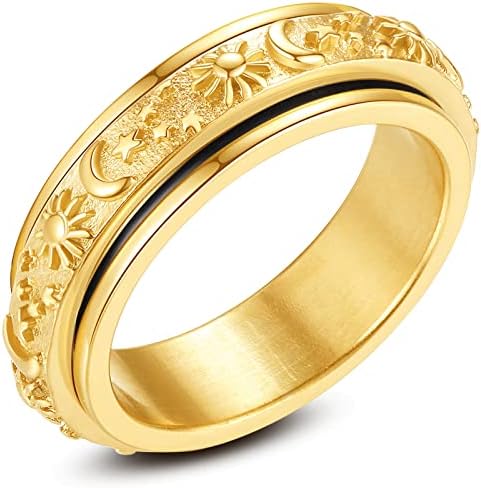 טבעת ספינר נירוסטה של ​​פיקלון לחרדה לגברים נשים טבעות טבעות להקלה על טבעת חרדת לחץ 6 ממ כוכבי ירח שמש