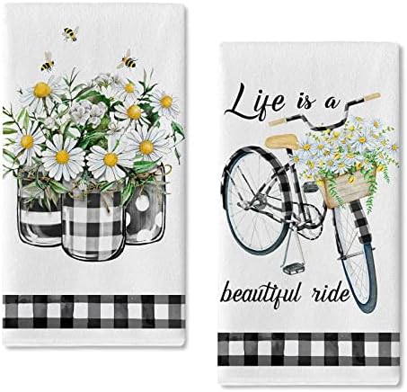 Seliem Spring Daisy Floral Floral Forlal אופניים אופניים מטבח מגבת מגבת של 2, החיים הם רכיבה