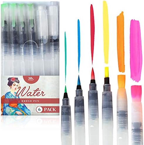 מוצארט מספק עטים מברשת מים - סט של 6 טיפים מברשת עטים אקווה - נהדר לצבעי צבעי מים, עפרונות מסיסים