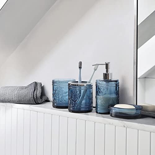 5 יחידים אביזרי אמבטיה זכוכית כחולה כהה מוגדרים עם דפוס לחוץ דקורטיבי - כולל מתקן סבון ידיים וכוסות וסבון ומחזיק