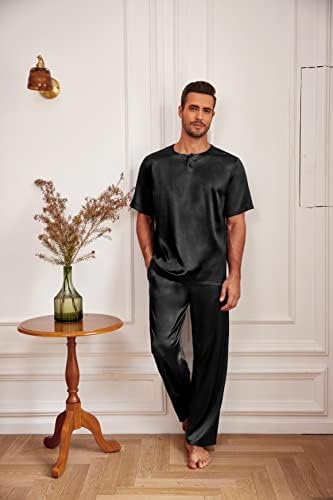 Ekouaer Mens Silk Satin Pajama סט שרוול קצר בגדי שינה משיי עם מכנסיים ארוכים