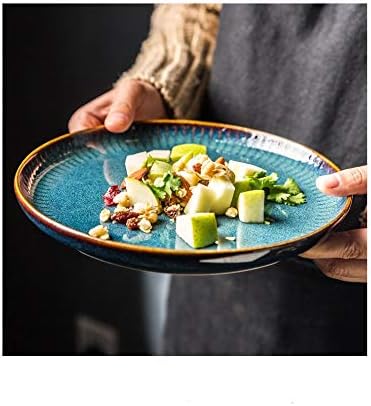 Lkkybooa Nordic Blue כלי שולחן סט כבשן מזוגג קרמיקה סלט אורז עגול צלחת ארוחת ערב סט ארוחת ערב