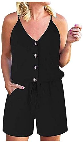 Kcjgikpok אישה חליפת רומפר אופנה כפתורים ללא שרוולים נשים כיס סרבל סולידי v צווארון צווארון סרבל