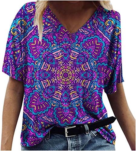 נשים של קיץ חולצות מקרית קצר שרוול עם צוואר חולצות אופנה הדפסת צבעוני חולצות טוניקת חולצות בתוספת גודל