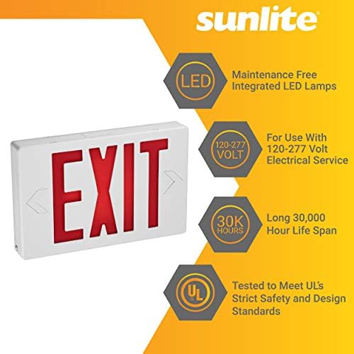 Sunlite 05271-SU שלט יציאת LED קומפקטי, 0.25 וואט, 120-277 וולט, גיבוי סוללה של 90 דקות, הר קיר, IP20, UL רשום,