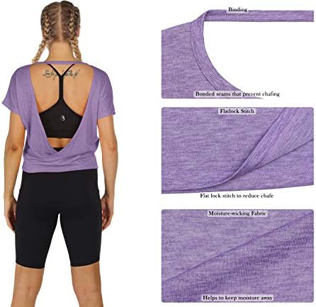 חולצות טריקו אימון של אייסיזון פתוח לנשים-טיזים עם שרוולים קצרים אתלטי, צמרות יוגה ללא גב, חולצות