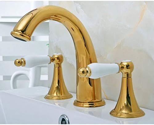 סיפון רכוב 3 חורים מערבל אמבטיה ברז על צבע זהב פליז מלוטש נפוץ 2 ידיות ברז אגן אמבטיה