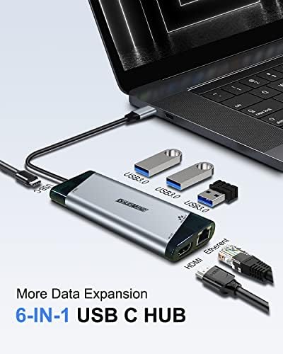 USB C Hub 6-in-1 Shuomeng Type C מתאם Multiport, עם 4K HDMI, אספקת חשמל של 100 וואט, 1 GBPS