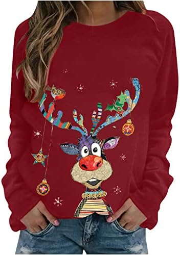נשים חג המולד איילים איילים חמודים חולצה מודפסת סוודר מזדמן שרוול ארוך רופף סוודרים סווטשירטים סווטשירטים