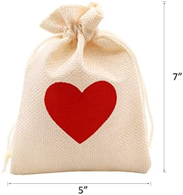 תיקי מתנה של דפוס לב אדום של Yuelaifu שקיות חובב יוטה בגודל 5x7 אינץ ', תיקי שושבינה ממתקים תכשיטים
