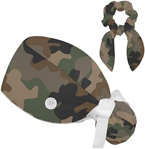 כובע עבודה צבאי של CAMO ורוד עם כפתורי כפתור וזיעה כובעי קרצוף לנשים שיער ארוך, יוניסקס קושרת כובע
