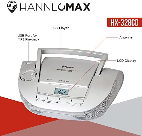 Hannlomax HX-328CD נייד CD Boombox עם רדיו AM/FM, Bluetooth, יציאת USB להפעלת MP3, Aux-in