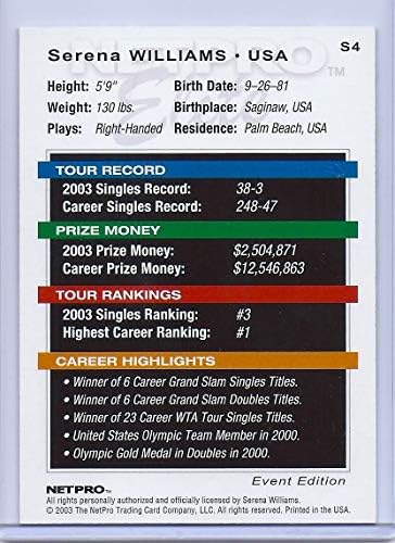 סרינה וויליאמס 2003 NetPro 1 הדפיס אי פעם כרטיס טירון אלוף ווימבלדון S4!