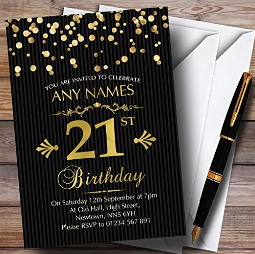 קונפטי זהב פסים שחורים מפוספסים 21 הזמנות למסיבת יום הולדת בהתאמה אישית