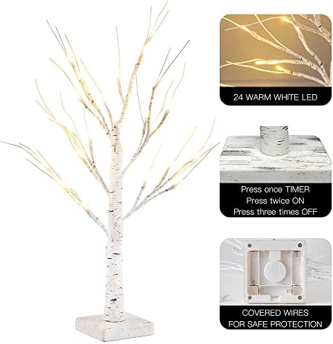 Hogardeck 2ft 24LT LED עץ ליבנה מואר, עץ מלאכותי של כסף לבן לקישוטים לחג המולד מקורה, טיימר טיימר