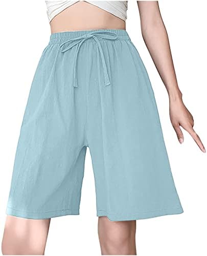 מכנסי פשתן כותנה בקיץ של נשים שרוך מותניים אלסטיים חוף ברמודה מכנסיים קצרים עם כיס מכנסי רגל רחבים