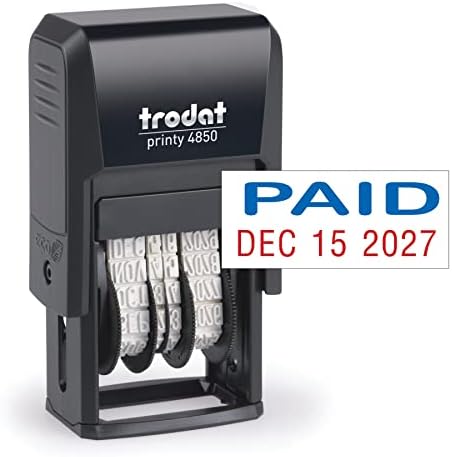 Trodat Printy 4850 חותמת תאריך-חותמת ניקוד עצמי בגודל כיס עם הודעה בתשלום-דיו כחול ואדום, 3/4 x 1