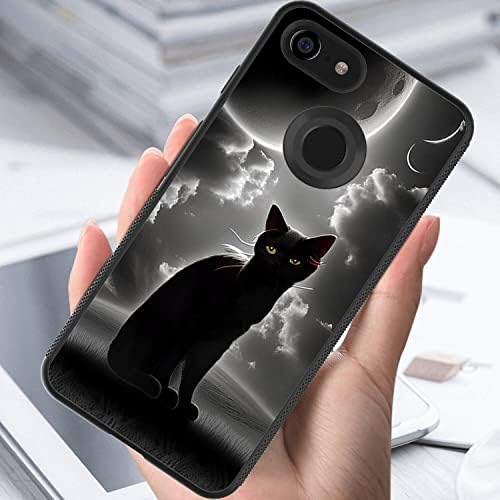 מארז מסגרת שחורה של Elgzigok תואם ל- Google Pixel 3A XL חתול שחור בלילה עיצוב דפוס לילה דק התאמה שחורה TPU נגד