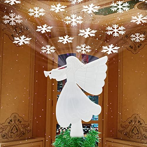 טופר עץ מלאך חג המולד עם אורות מקרן של פתית שלג מובנית, קישוט לחג המולד, עץ המלאך LED אורות מקרן לקישוטים לעץ