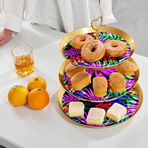 מחזיק קאפקייקס עלים סגול טרופי למאפה, 3 עוגת זהב מפלסטיק שכבתית עמדת שולחן קינוח, מגדל עץ עוגות מגדל מתלה