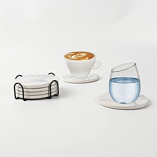 תחתיות למשקאות עם מחזיק, חופי אבן קרמיקה עגולים עגולים סט של 6 עם בסיס פקק, תחתיות לשולחן קפה למשקאות