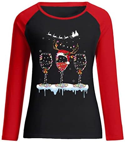 נשים צווארון סווטשירט טרנדי 2023 שנה חדשה שרוול ארוך סוודר חג המולד בלוק צבע LED כוסות יין חולצה
