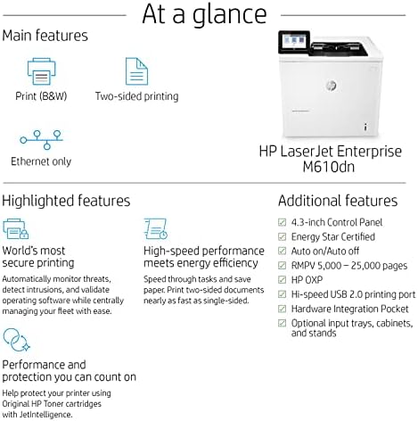 HP Laserjet Enterprise M610DN תפקוד חד-פונקציוני מדפסת לייזר מונוכרום-מחווט- הדפס בלבד- 4.3 מסך מגע,