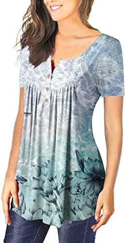 נשים חולצות טרנדי 2023 להסתיר בטן טוניקת פרחוני מודפס חולצות עם צווארון כפתורי קיץ קצר שרוול חולצה