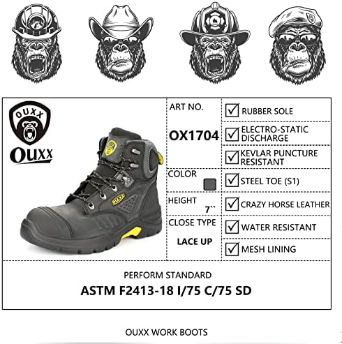 מגפי עבודה של OUXX לגברים, בוהן פלדה אטומה למים ykk רוכסן נעלי עור גומי ללא החלקה, ניקוב גס