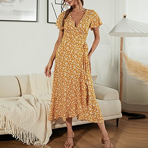 נשים קיץ שמלה מזדמן קצר שרוול פרחוני הדפסת ארוך מקסי שמלה סקסית צוואר לעטוף גבוהה מותן בוהו