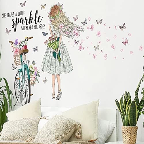 מדבקות קיר מדבקות קיר אופניים ילדה פיות פרפרים פרח נשלף ילדה ניצוץ ויניל אמנות קיר עבור בנות תינוק משתלת חדר