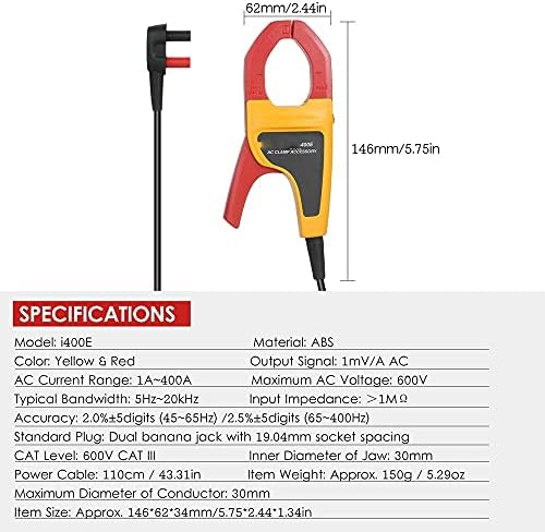 Slatiom i400e AC מדדק זרם זרם עם ג'ק בננה כפול 1a ~ 400a טווח זרם AC 5Hz ~ 20kHz Multimetth רוחב פס