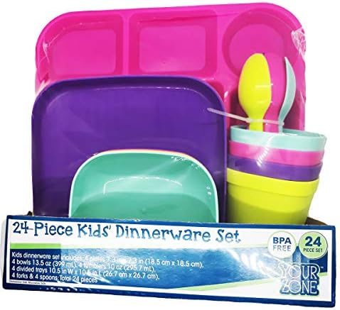 סט כלי אוכל לילדים 24 חלקים, BPA בחינם, צבעים מעורבים, בטוח למדיח כלים, מיקרוגל בטוח