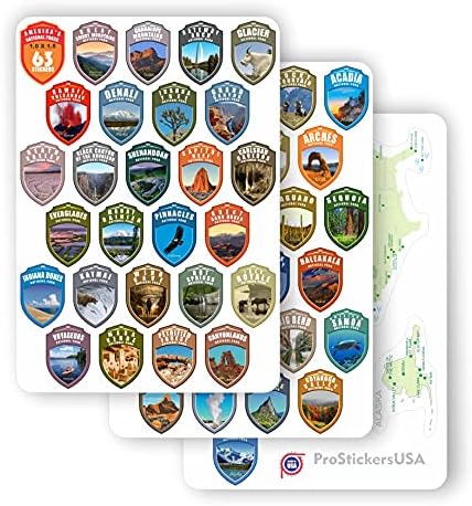 אוסף 1 x 1.5 אינץ '63 מדבקות קבעו את כל הפארקים הלאומיים ארהב מגן אוסף מלא N.P. מדבקות ויניל צבעי דרכון. מפה של