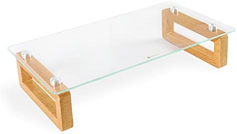יוקס זכוכית שקופה מעמד צג מחשב עם בסיס עץ למסך שטוח, טלוויזיה לד, מחשב נייד, מדפסת, מעמד שולחן