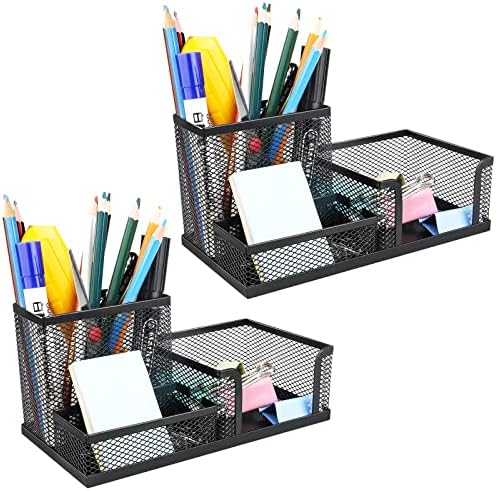 סויביש 2 חבילה 3 ב 1 מחזיק עט רשת לשולחן העבודה, 3 תאים מחזיק עיפרון מארגן שולחן כתיבה עם מחזיק הערות דביקות