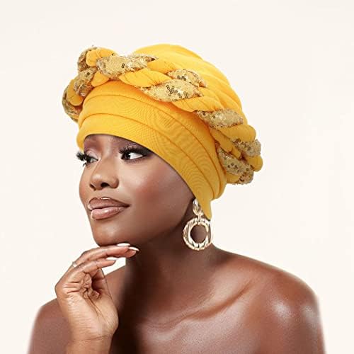 נשים אפריקאי ראש לעטוף שחור צמת טורבן פאייטים מראש קשור ראש צעיף כפת כובע בארה ' ב
