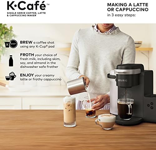 מכונת קפה קיי-קפה עם הגשה אחת של כוס קפה, יצרנית לאטה ומכונת קפוצ ' ינו, מגיעה עם מקציף חלב בטוח