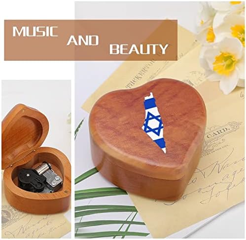 דגל מפת ישראל קופסת מוסיקה מעץ צורה בלב קופסאות מוזיקליות קופסאות עץ וינטג 'למתנה