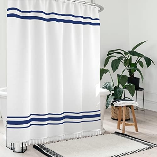 וילון מקלחת פסים כחול עונווד כחול עם ציצית בית חווה בוהו וילון מקלחת וילונות אמבטיה מודרניים