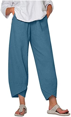 קאפרי מכנסיים לנשים מתגנדר קאפרי בבאגי מכנסיים מקרית פשתן ארוך מכנסיים רחב רגל קצוץ מכנסיים