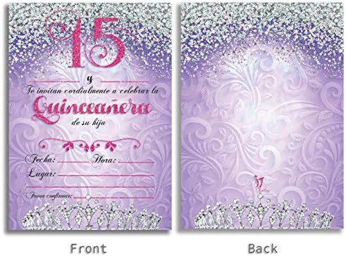 25 הזמנות למסיבת Quinceañera 5x7 כרטיסים ורודים וסגולים דו צדדיים ליום ההולדת ה -15 של הילדה כוללים מעטפות