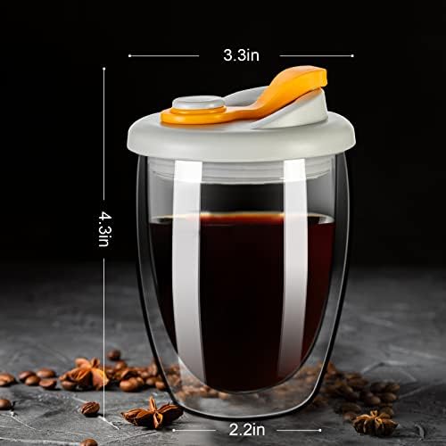 ספל קפה כפול קיר קיר כפול, כוס קפה זכוכית עם מכסה סיליקון 12 גרם, ספל קפה מבודד עם מכסה לתה קפה