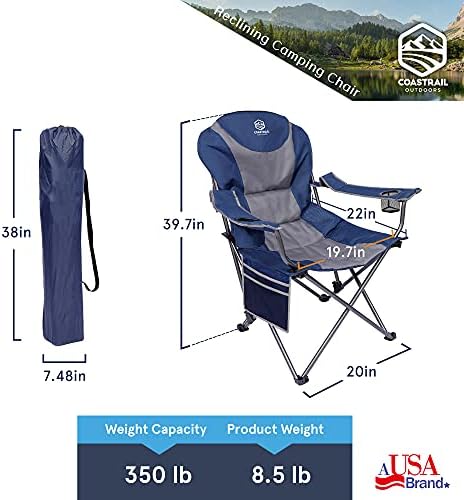 COASTRAAL שכיבה חיצונית כיסא קמפינג 3 מיקום כיסא מדשאה מתקפל למבוגרים כיסא מחנה נוחות מרופד עם מחזיקי כוסות,
