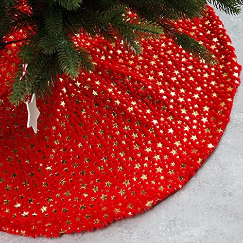 חצאיות עץ חג המולד של Huijie - חצאית עץ קצרה של קטיפה 90 סמ 122 סמ כוכבים אדומים לבנים הדפסת