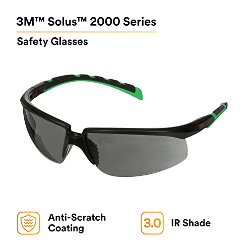 3M משקפי בטיחות, סדרת Solus 2000, אנטי-סקרט, צלל IR 3.0 עדשה אפורה, מקדשים שחורים/ירוקים