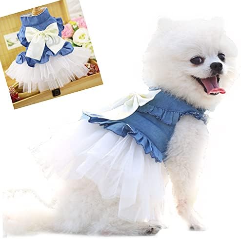 שמלת ג'ינס של כלב אניאק עם גורי קשת חמוד ליום הולדת יום הולדת נסיכה חצאית בגדים לחיות מחמד תחרה לבנה תלבושת
