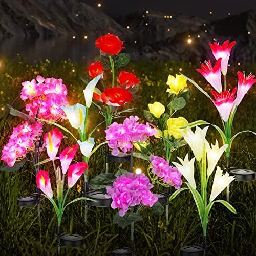 8 חתיכות חיצוני שמש פרחים אורות דקור עמיד למים עם 2 עלה, 2 שושן, 2 הידראנגאה, ו 2 כלה לילי שמש צמח אורות צבעוני