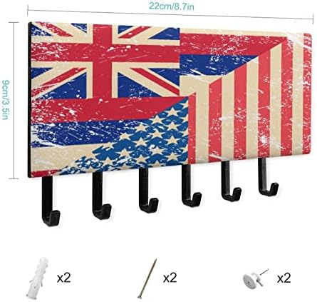 דגל רטרו אמריקאי והוואי, מחזיק מפתח גדול קיר קיר רכוב מקש קיר דקורטיבי עם 6 ווים למשרד מסדרון