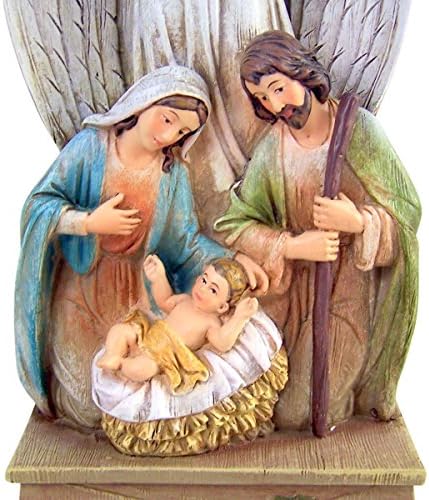 צלב הילידות עומד עם מלאך ומשפחה קדושה שרף פסלון חג המולד, 14 אינץ '